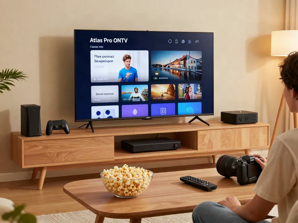 L'utilisateur profite de l'application Atlas Pro ONTV sur une grande télévision intelligente.