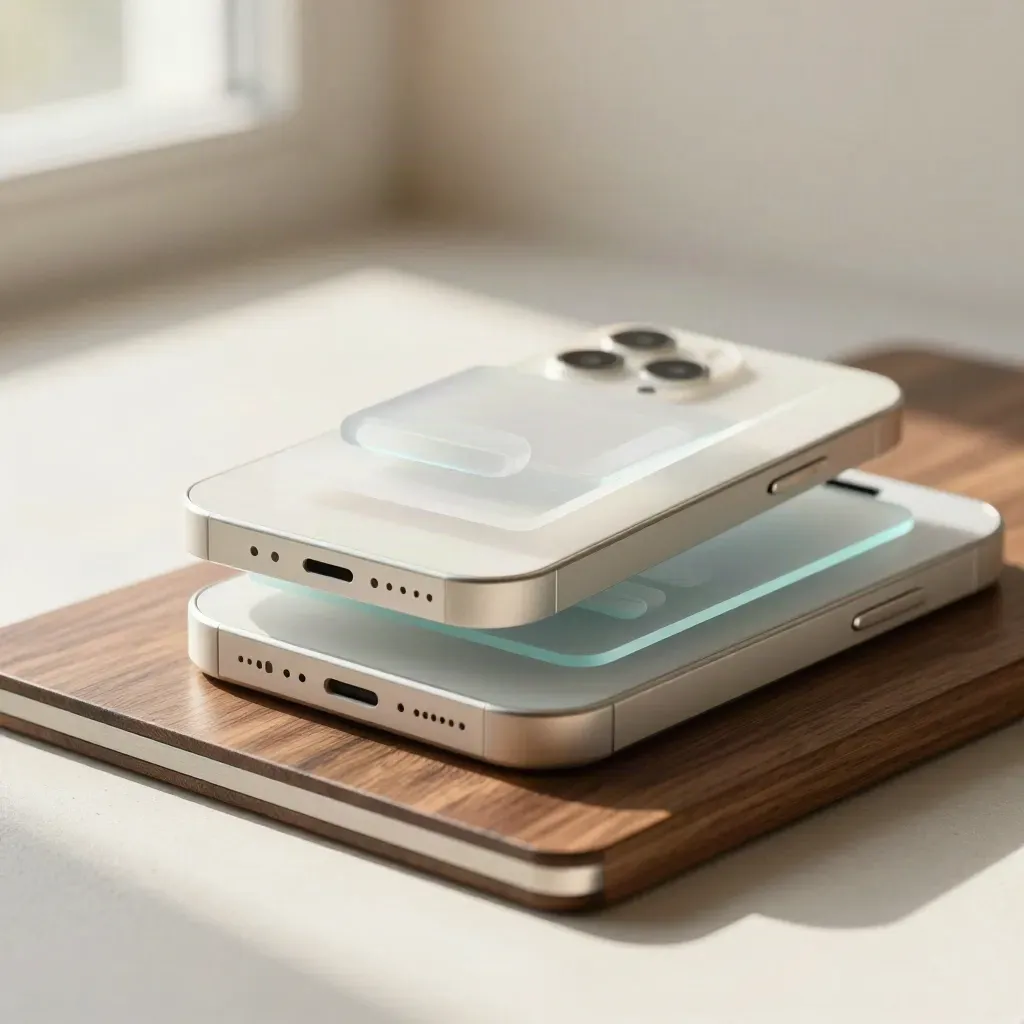 Deux maquettes de smartphones et modules UI arrondis, en mouvement sur fond sombre.