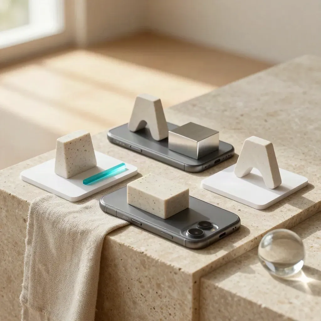 Maquettes de validation d’idée, smartphone nu et blocs d’échantillons sur pierre claire, lumière chaude.