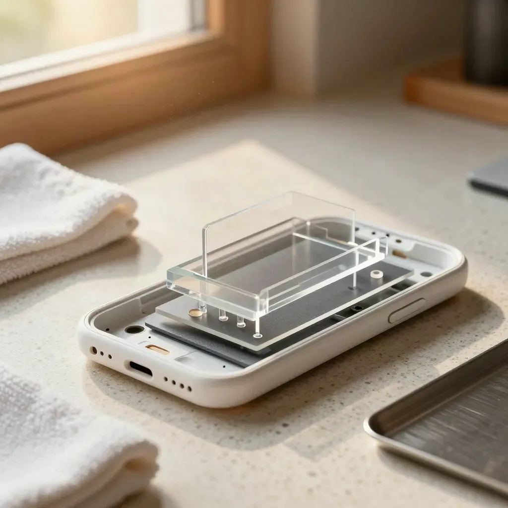 Prototype no-code de téléphone sur travertin, couches translucides et lumière chaude.