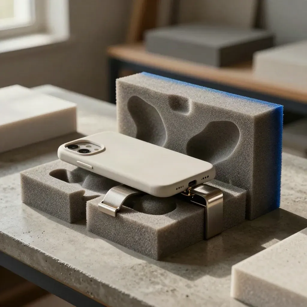Maquette MVP en mousse taillée, coque de téléphone et pince métal sur banc de prototypage.