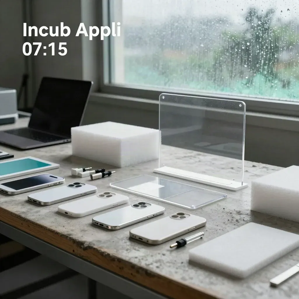 Workbench d’incubateur avec coques de smartphones, plaques translucides et laptop fermé dans une brume froide.
