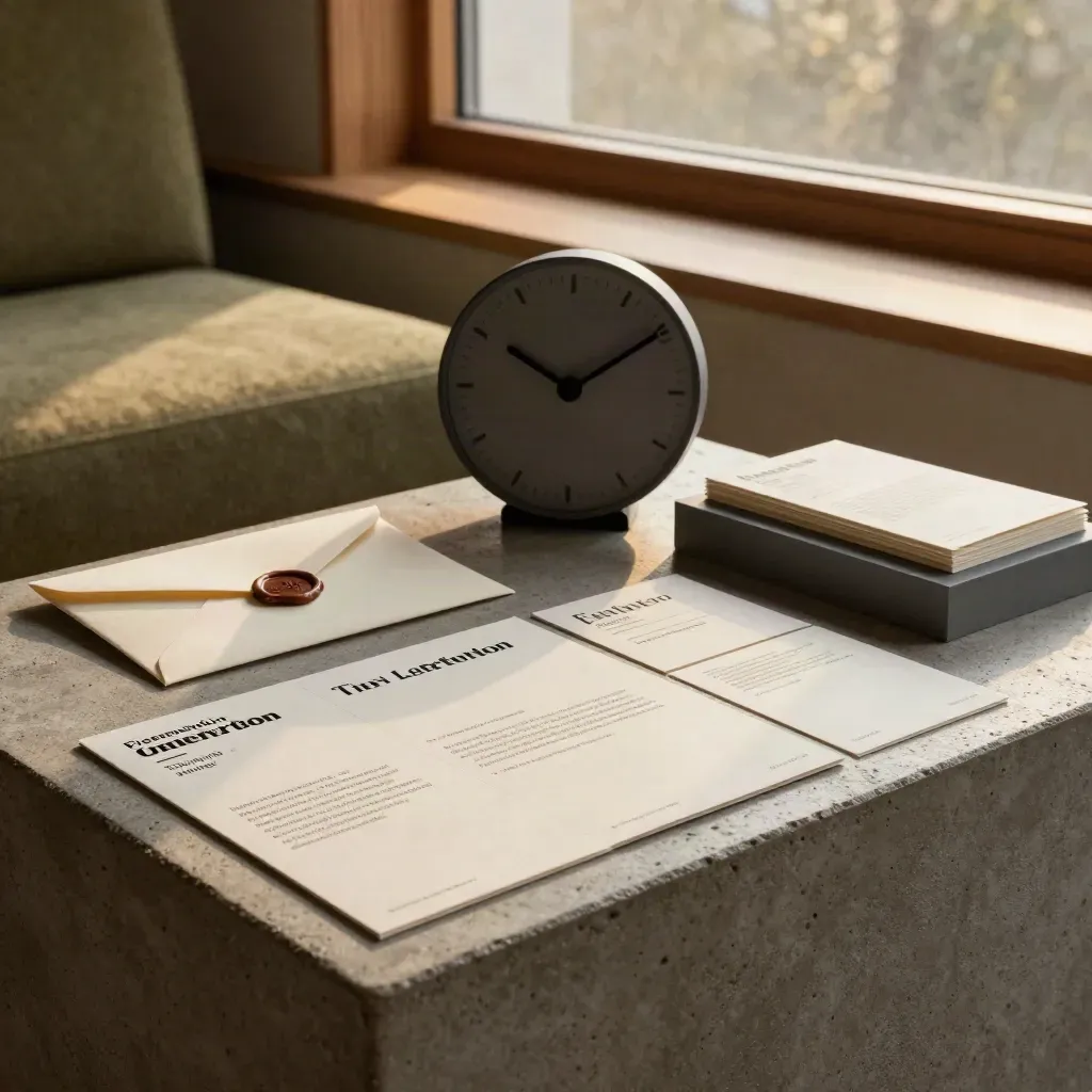 Cartes de parcours, timer rond, enveloppe scellée et socle de présentation dans une lumière cinématographique.