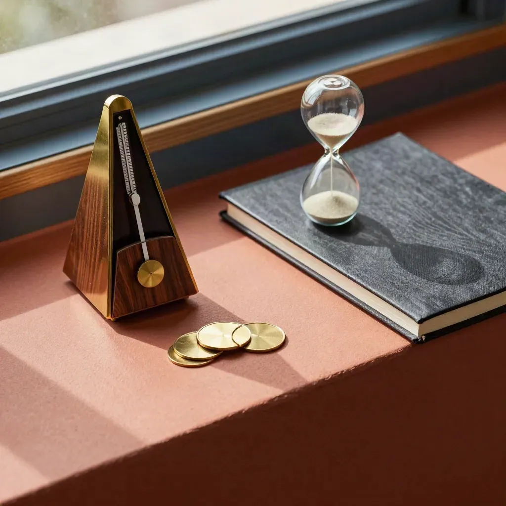 Métronome en laiton, jetons de priorité, carnet fermé et sablier sur plinthe terracotta.