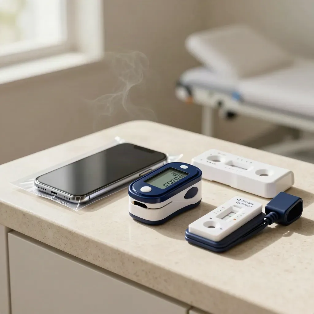 Coin de test santé avec deux téléphones scellés, oxymètre et plateaux clairs, lumière douce.