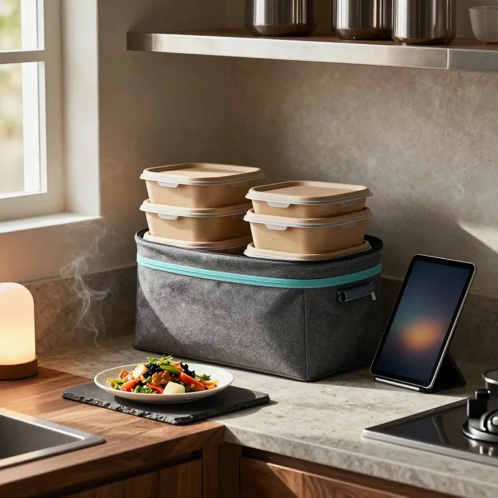Station foodtech prête avec contenants, tote isotherme, plat dressé et tablette orientée de côté