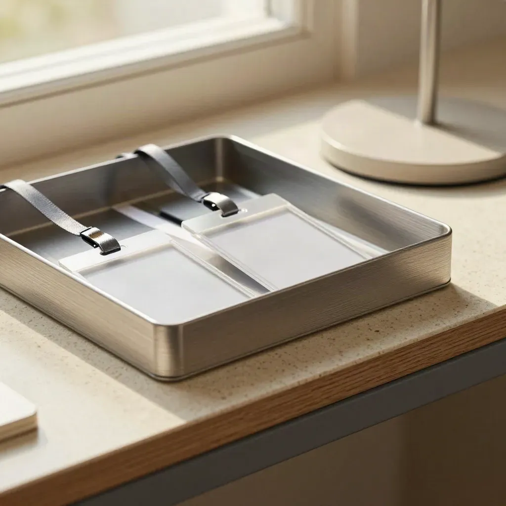 Gros plan d’un poste RH épuré avec bacs modulaires, porte-badges, dock et lampe douce.