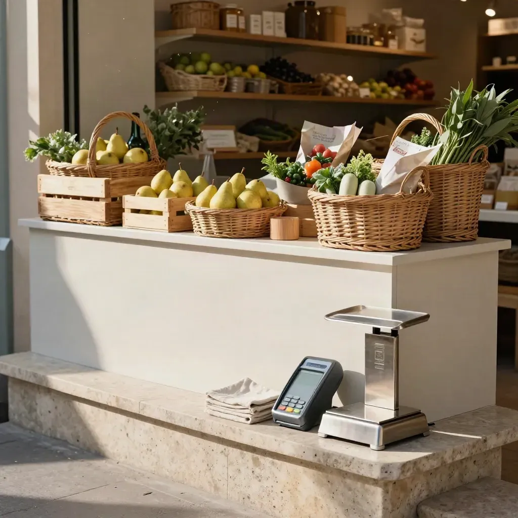 Comptoir de marché local prêt, paniers tressés, caisses de produits et terminal discret.