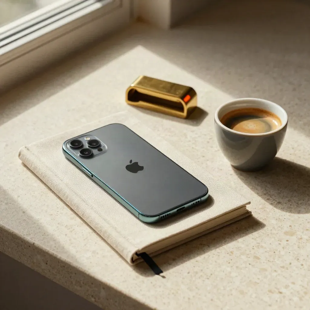 Carnet en lin, smartphone mat, presse-papier en laiton et tasse espresso sur travertin.