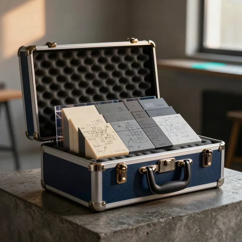 Kit B2B Incub Appli livré, boîte scellée, modules prototypes et blocs magnétiques sur plinthe sombre.