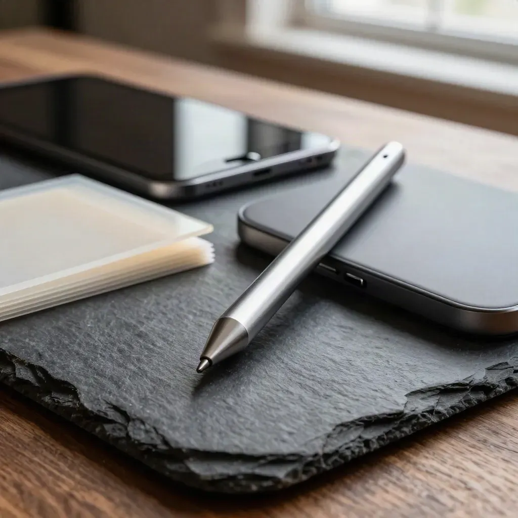Attirail de design mobile sur une dalle sombre, stylet, tablette éteinte et maquette arrondie.