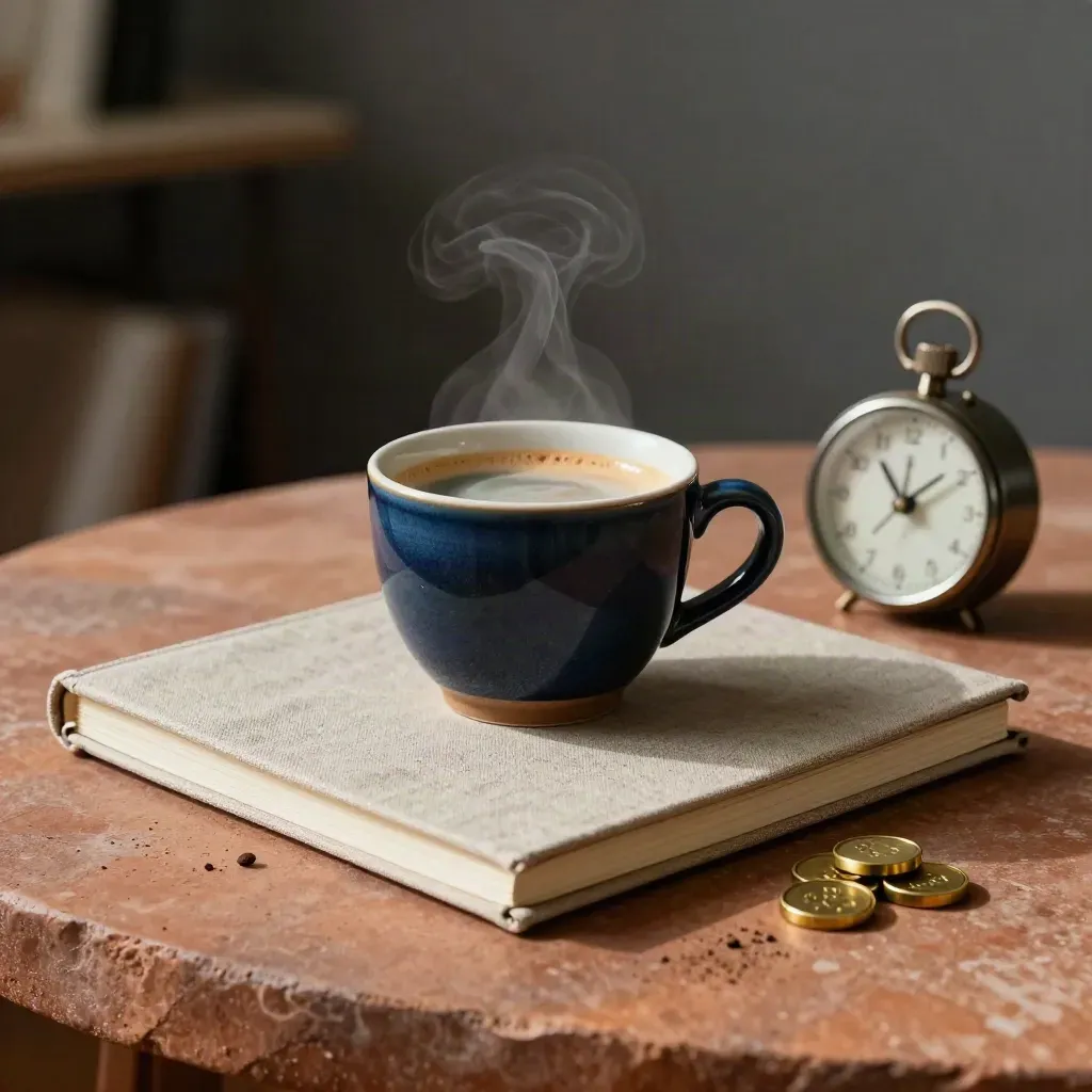 Café, carnet fermé, jetons en laiton et minuteur sur pierre terracotta, lumière douce.