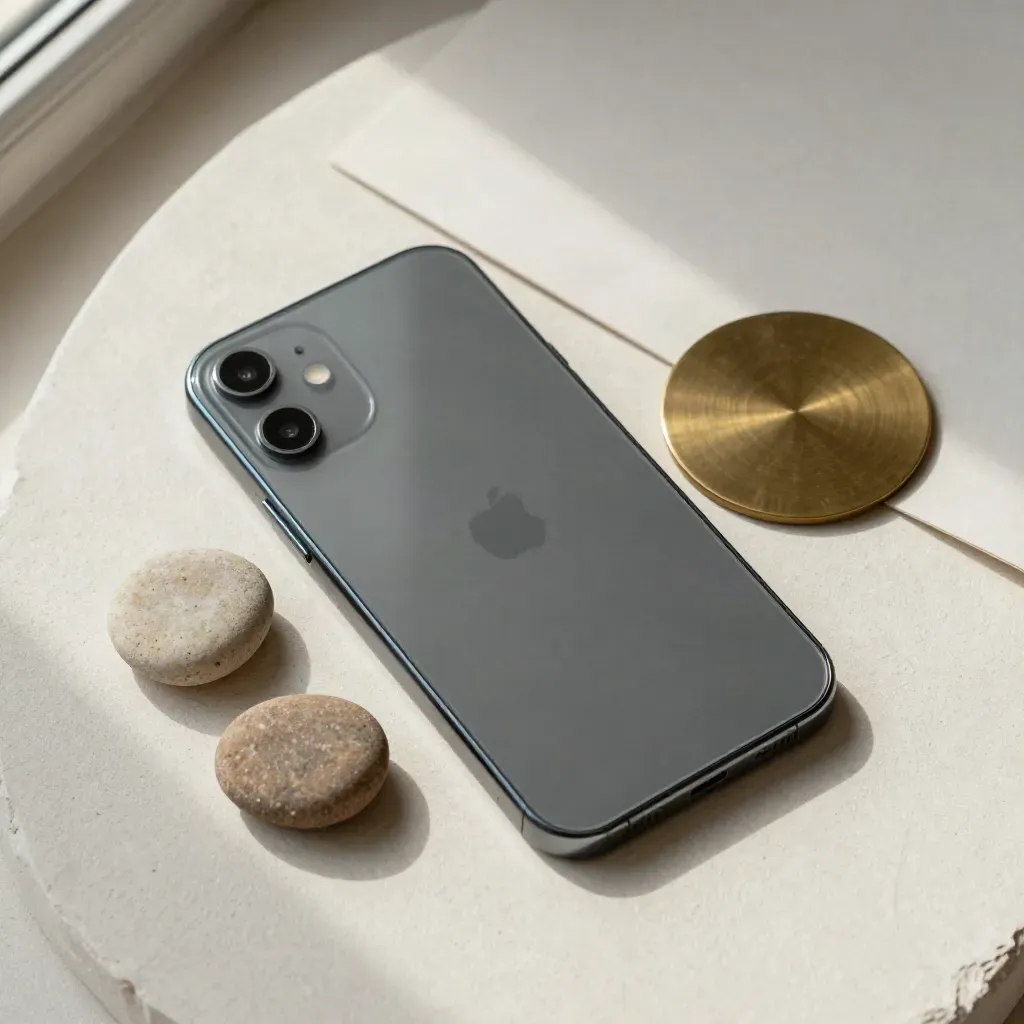 Smartphone, trois galets et disque de laiton sur fond clair, cadrage top-down.