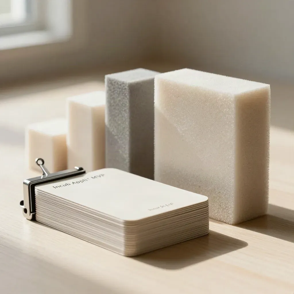 Blocs de mousse, cartes retournées et pince d’atelier sur bois pâle, lumière douce.