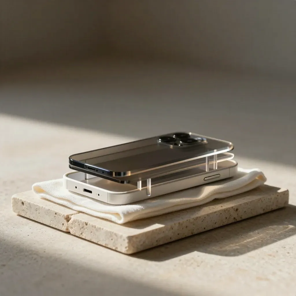 Châssis de téléphone blanc, plaques d’acrylique fumé et entretoises sur un plateau de pierre.