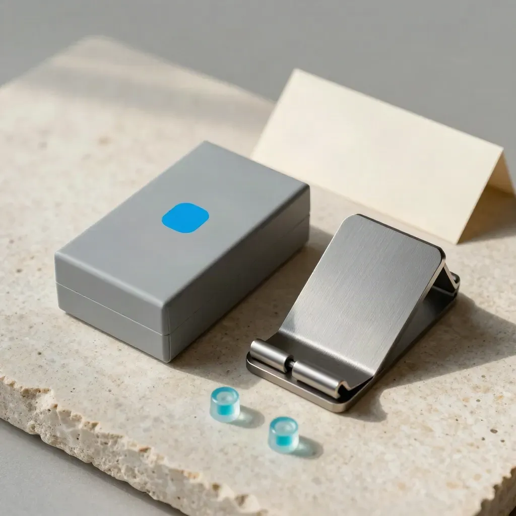 Boîte de test scellée, support de mobile et repères cyan sur pierre claire, vue de dessus.