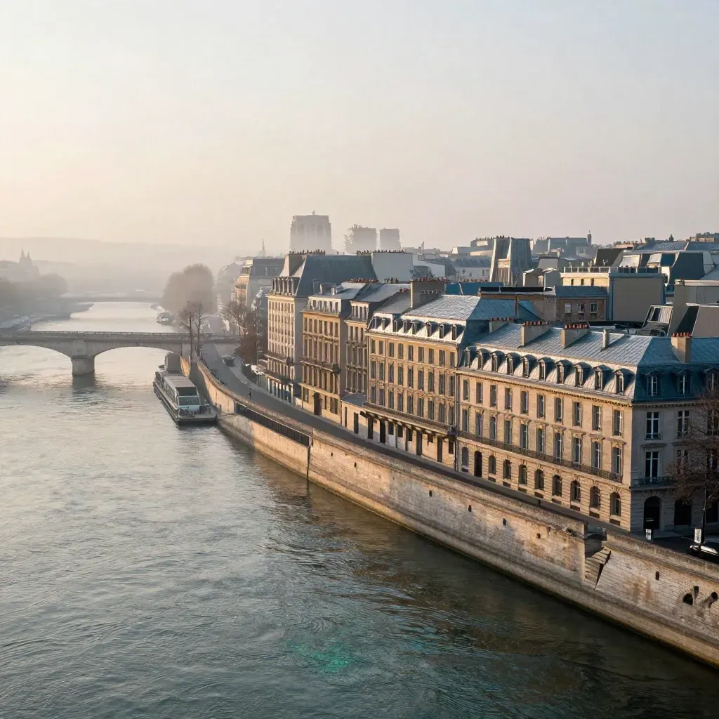 Paris et la Seine sous une brume du matin, toits de zinc hauts dans le cadre.