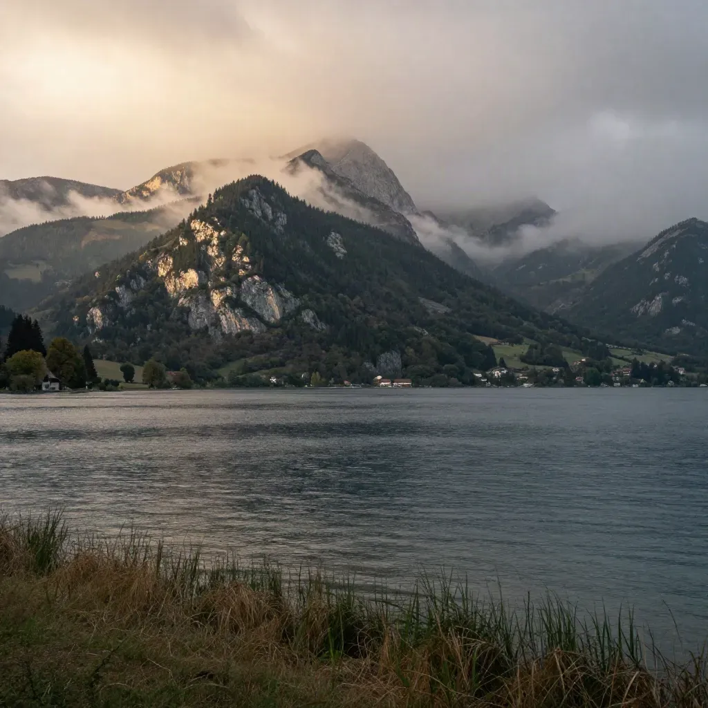 Vue d’Annecy et des Alpes après la pluie, brume ouverte et lac calme pour le texte.