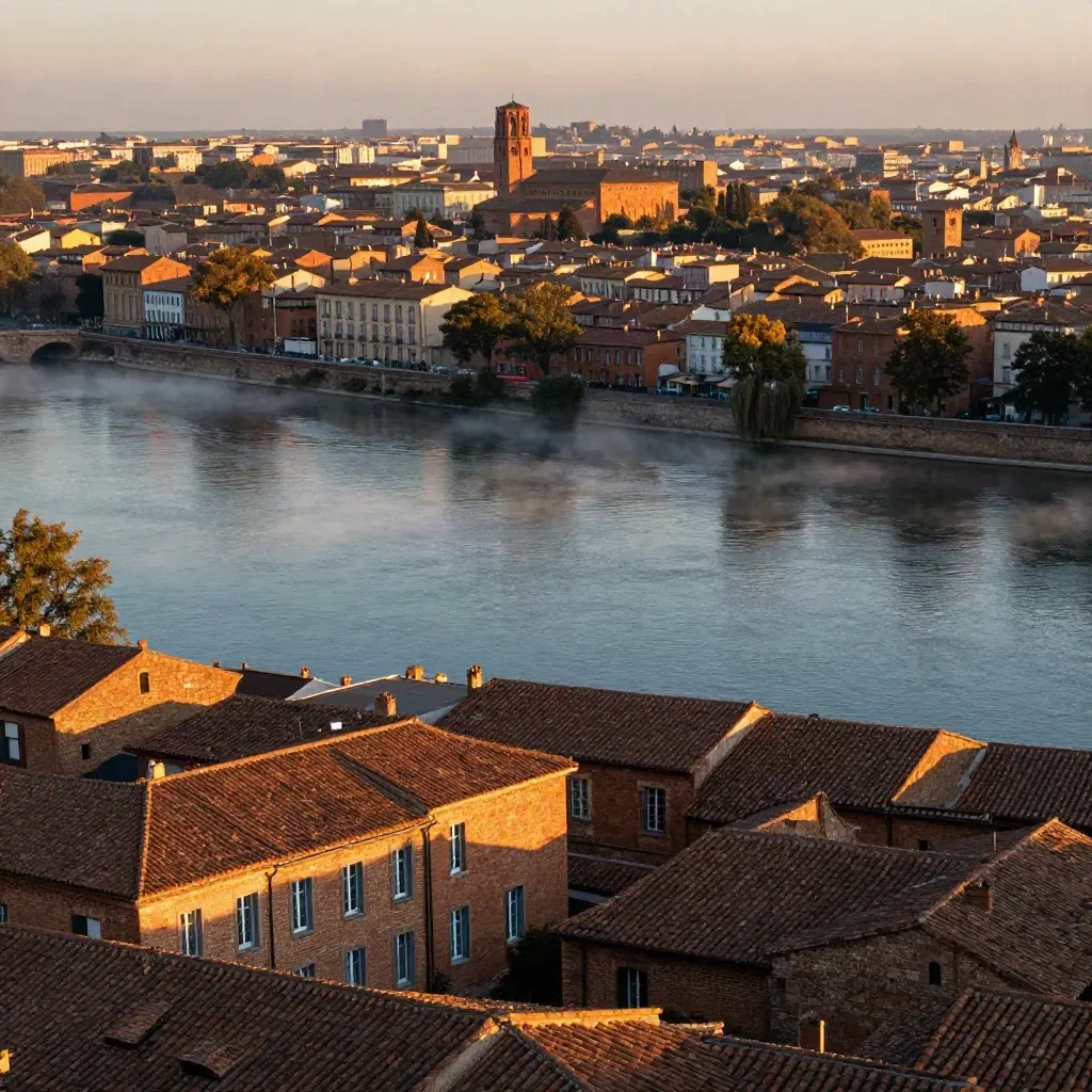 Vue dorée de Toulouse, la Garonne et les toits d’Occitanie sous une brume douce.