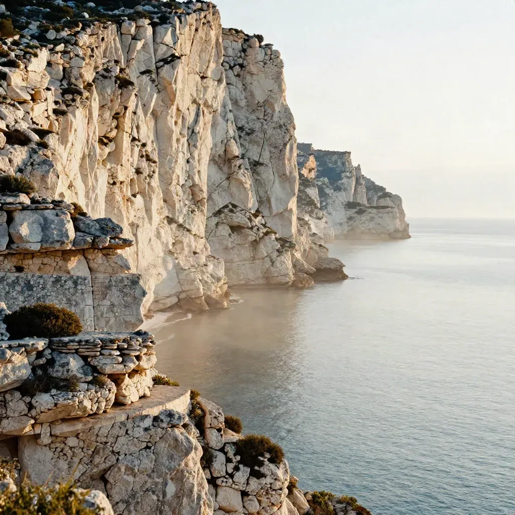 Falaises calcaires de Provence-Alpes-Côte d’Azur, mer pâle et brume dorée au crépuscule.